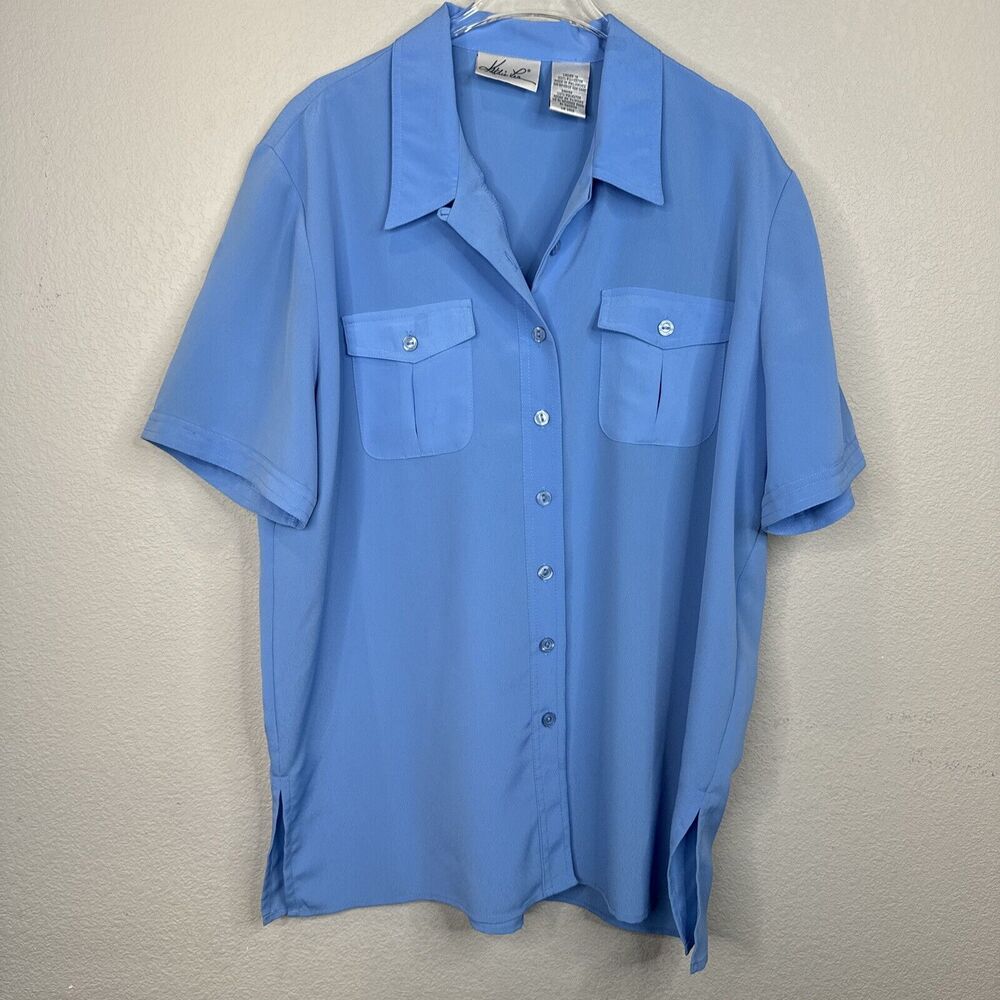 Kathie Lee‎ Blouse Women 16 Blue Button Front Pockets Casual Chic Vintage